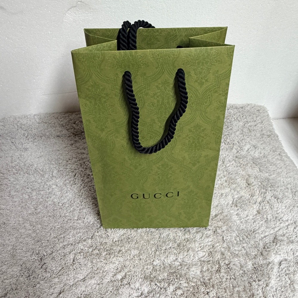 Gucci Green Damask Embossed Paper Shopping Bag Black Rope Handles Small Medium